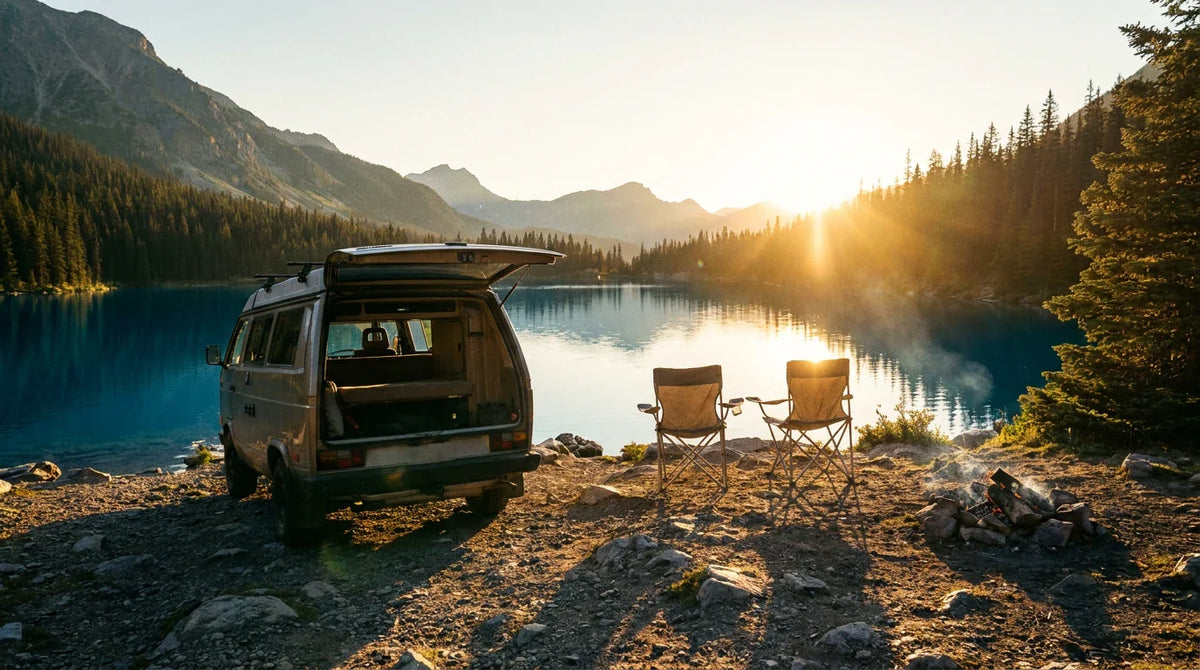 Van aménagé au bord d'un lac de montagne à l'heure dorée